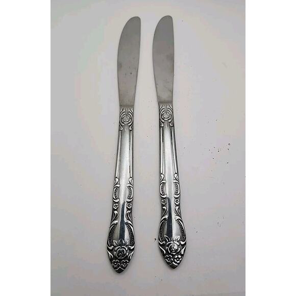 2 Vtg Stainless Steel FLATWARE Butter Knives Ornate Rose Floral Handle Japan - Picture 1 of 7
